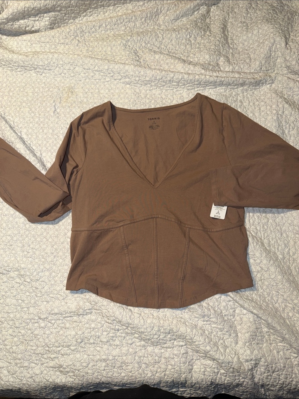 torrid Brown V-Neck Long Sleeve Top with Seamed Waist Panels